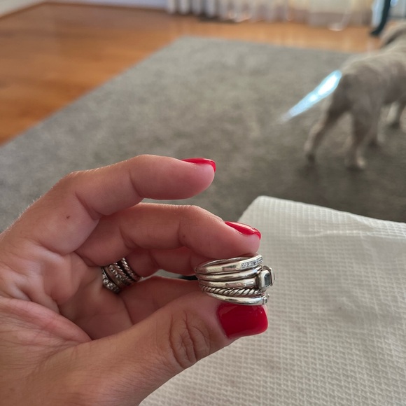 David Yurman Stax Five Ring Sterling Silver with Blue Topaz and Diamonds, 15mm - Picture 8 of 10